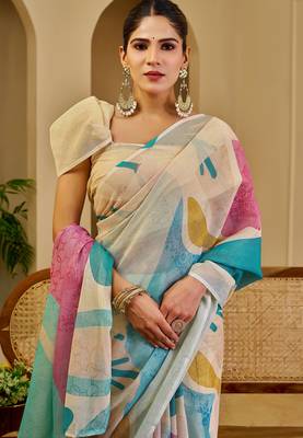 cream blue pink cotton blend zari weaving floral digital print festive saree with unstitched blouse piece 1