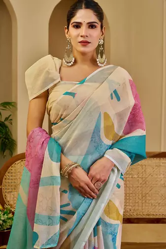 cream blue pink cotton blend zari weaving floral digital print festive saree with unstitched blouse piece