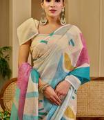 cream blue pink cotton blend zari weaving floral digital print festive saree with unstitched blouse piece