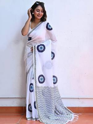 white smart linen cotton blend smart printed saree 3
