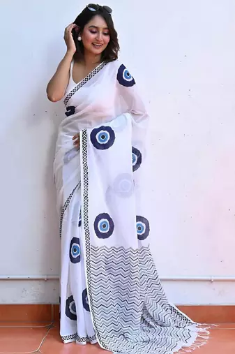 white smart linen cotton blend smart printed saree