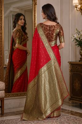 Red soft silk blend banarasi jacuard work festive saree with unstitched blouse piece 3