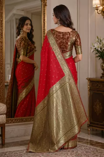 Red soft silk blend banarasi jacuard work festive saree with unstitched blouse piece