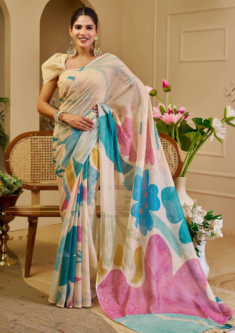 cream blue pink cotton blend zari weaving floral digital print festive saree with unstitched blouse piece