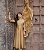 Golden embroidered vichitra silk kurta pant dupatta set