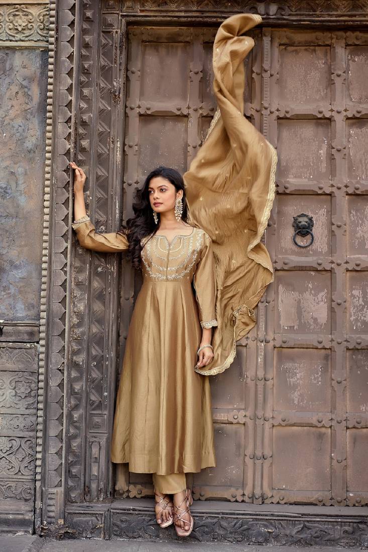 Golden embroidered vichitra silk kurta pant dupatta set
