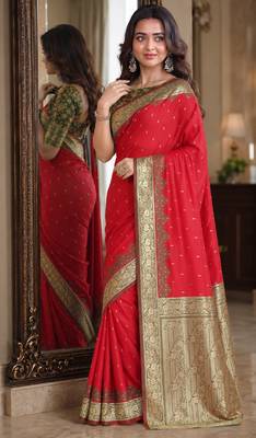 Red soft silk blend banarasi jacuard work festive saree with unstitched blouse piece 4