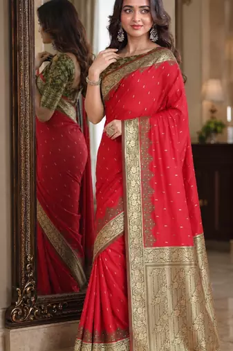 Red soft silk blend banarasi jacuard work festive saree with unstitched blouse piece