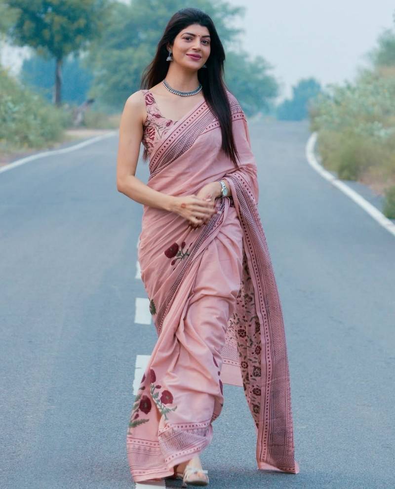 pink smart linen cotton blend smart printed saree