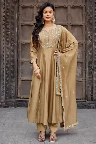 Golden embroidered vichitra silk kurta pant dupatta set