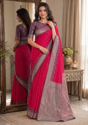 Pink soft silk blend banarasi jacuard work festive saree with unstitched blouse piece 1