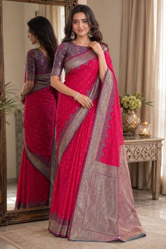 Pink soft silk blend banarasi jacuard work festive saree with unstitched blouse piece