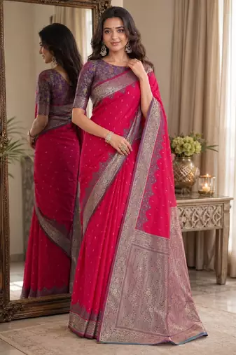 Pink soft silk blend banarasi jacuard work festive saree with unstitched blouse piece