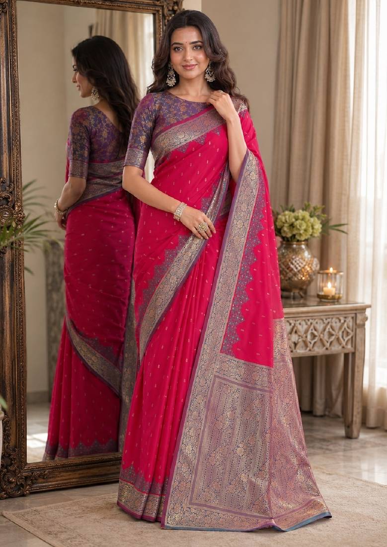 Pink soft silk blend banarasi jacuard work festive saree with unstitched blouse piece