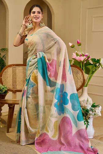 cream blue pink cotton blend zari weaving floral digital print festive saree with unstitched blouse piece
