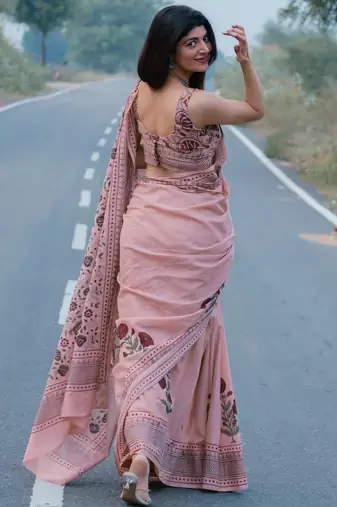 pink smart linen cotton blend smart printed saree
