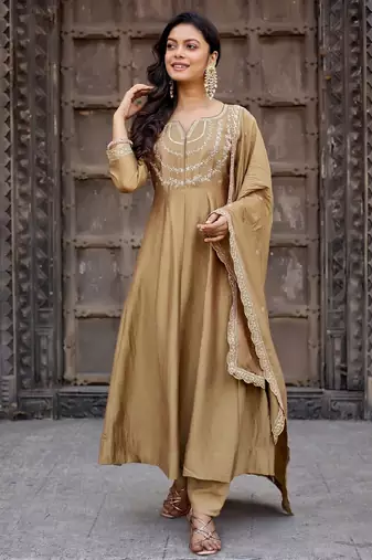Golden embroidered vichitra silk kurta pant dupatta set