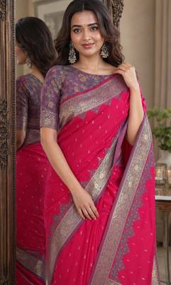 Pink soft silk blend banarasi jacuard work festive saree with unstitched blouse piece 2