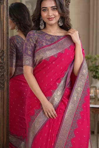 Pink soft silk blend banarasi jacuard work festive saree with unstitched blouse piece