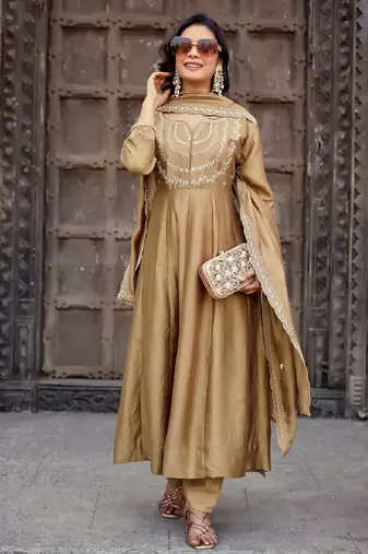 Golden embroidered vichitra silk kurta pant dupatta set