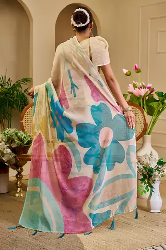 cream blue pink cotton blend zari weaving floral digital print festive saree with unstitched blouse piece