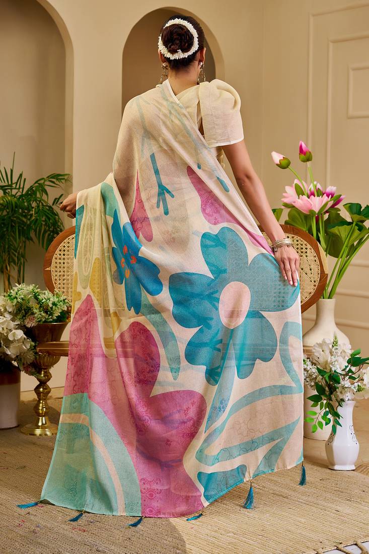 cream blue pink cotton blend zari weaving floral digital print festive saree with unstitched blouse piece