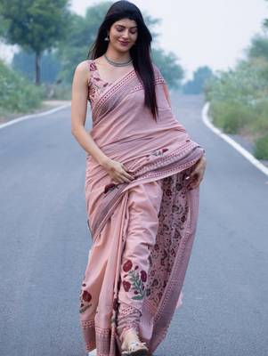 pink smart linen cotton blend smart printed saree 3