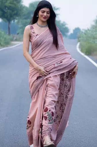 pink smart linen cotton blend smart printed saree