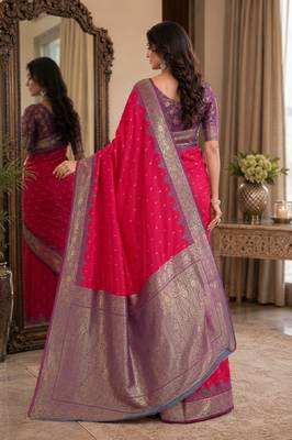 Pink soft silk blend banarasi jacuard work festive saree with unstitched blouse piece 3