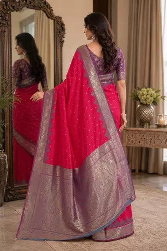 Pink soft silk blend banarasi jacuard work festive saree with unstitched blouse piece