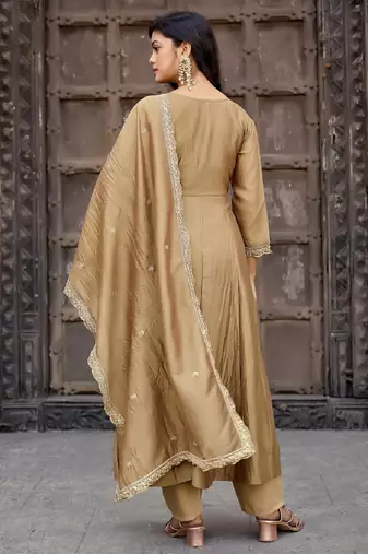 Golden embroidered vichitra silk kurta pant dupatta set