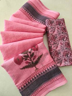 pink smart linen cotton blend smart printed saree 4