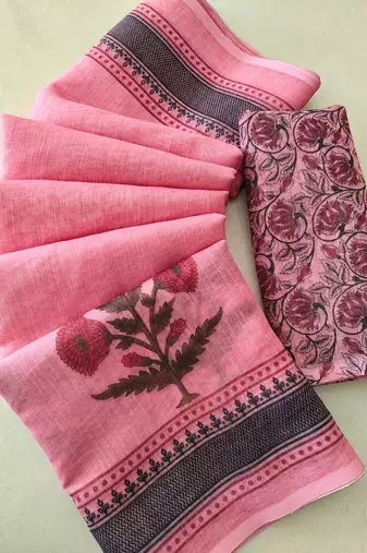 pink smart linen cotton blend smart printed saree
