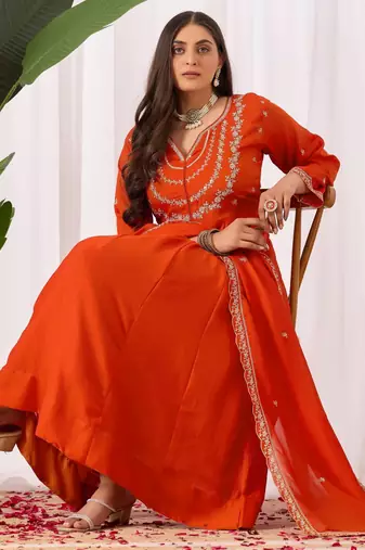 Orange embroidered vichitra silk kurta pant dupatta set