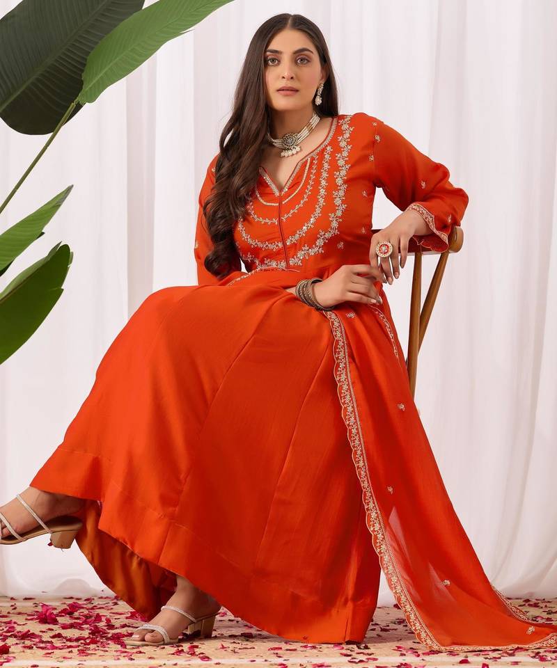 Orange embroidered vichitra silk kurta pant dupatta set
