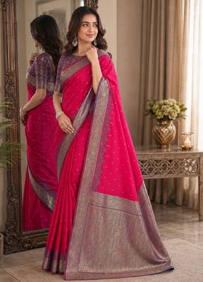Pink soft silk blend banarasi jacuard work festive saree with unstitched blouse piece 4