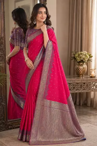 Pink soft silk blend banarasi jacuard work festive saree with unstitched blouse piece