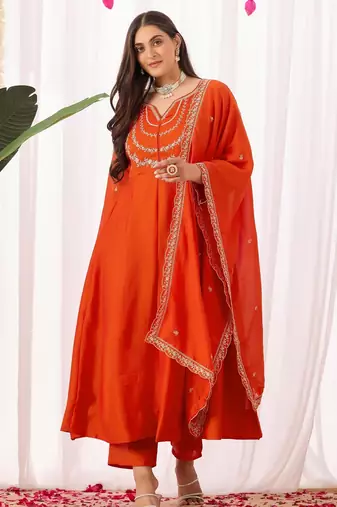 Orange embroidered vichitra silk kurta pant dupatta set