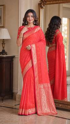 Orange soft silk blend banarasi jacuard work festive saree with unstitched blouse piece 1