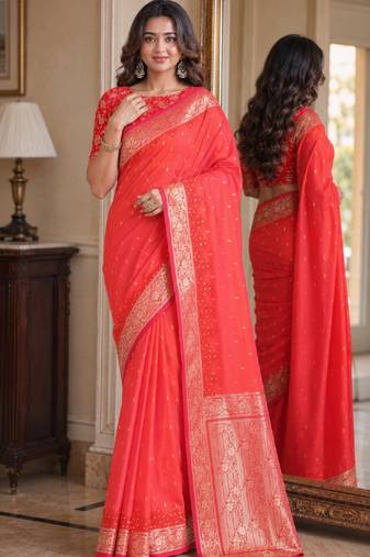 Orange soft silk blend banarasi jacuard work festive saree with unstitched blouse piece
