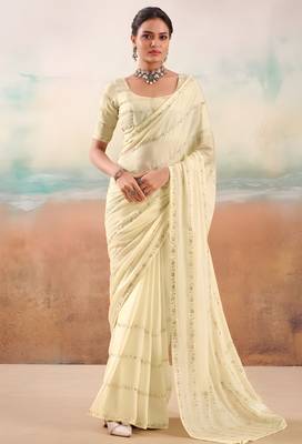 Cream color smart floral embroidered chiffon fabric graceful rich looks saree 1