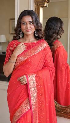 Orange soft silk blend banarasi jacuard work festive saree with unstitched blouse piece 2