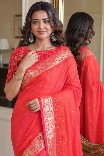 Orange soft silk blend banarasi jacuard work festive saree with unstitched blouse piece