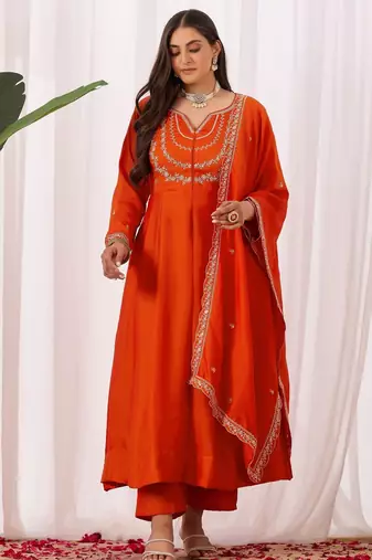 Orange embroidered vichitra silk kurta pant dupatta set