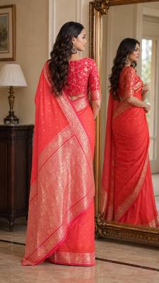 Orange soft silk blend banarasi jacuard work festive saree with unstitched blouse piece 3