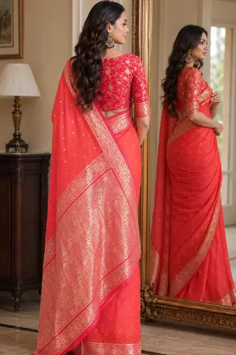 Orange soft silk blend banarasi jacuard work festive saree with unstitched blouse piece