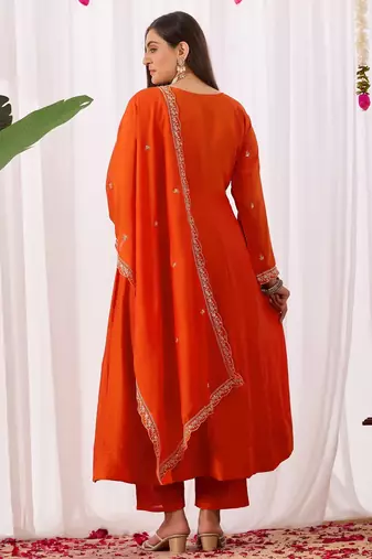Orange embroidered vichitra silk kurta pant dupatta set