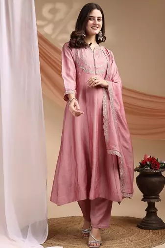 Pink embroidered vichitra silk kurta pant dupatta set