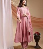 Pink embroidered vichitra silk kurta pant dupatta set