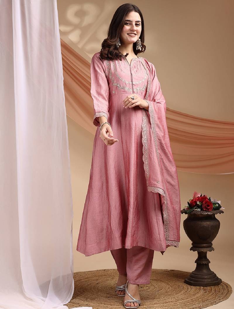 Pink embroidered vichitra silk kurta pant dupatta set